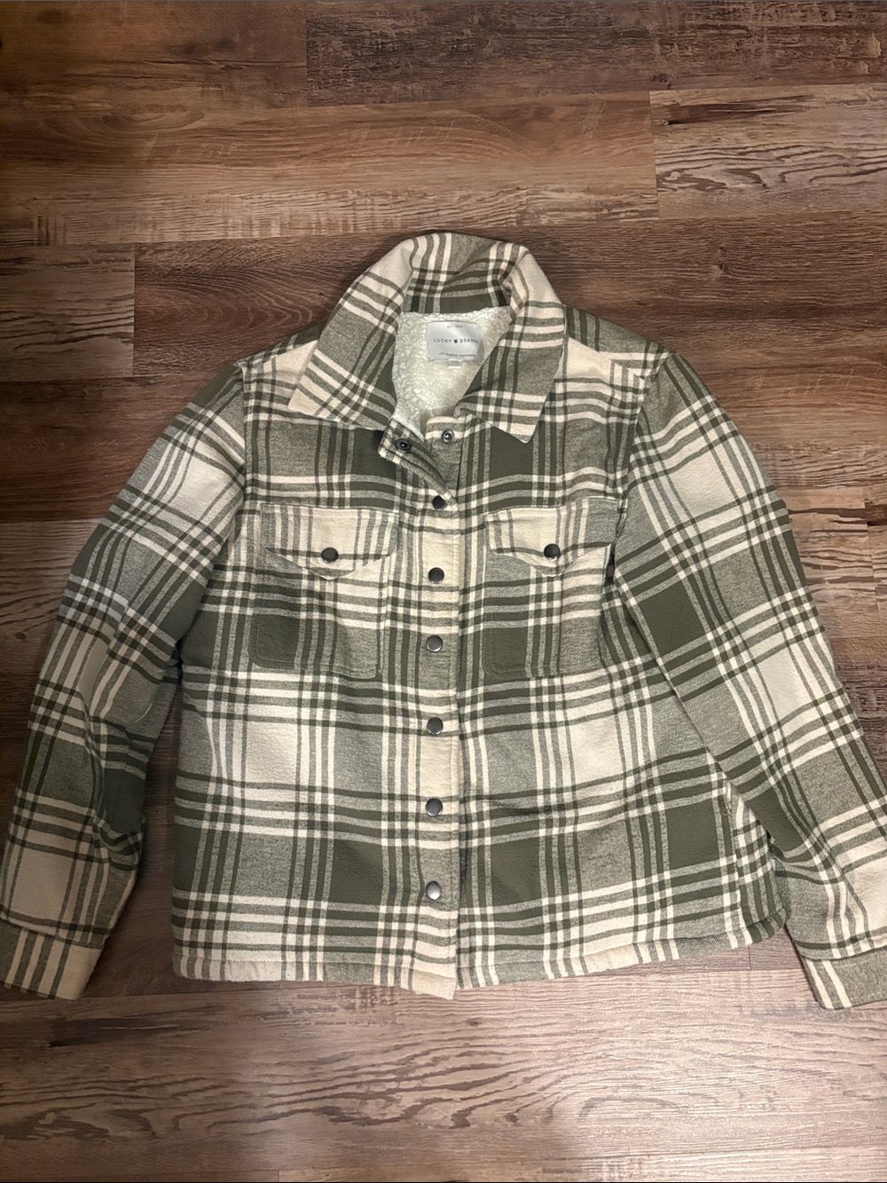 Lucky Brand Olive and Cream Plaid Sherpa Jacket